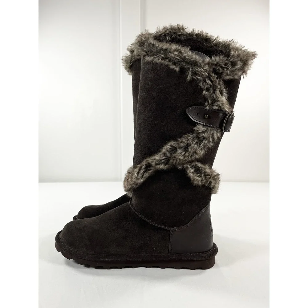 New BEARPAW Sheilah Women's 10 Suede Tall Boots Faux Fur Trim Hickory Winter